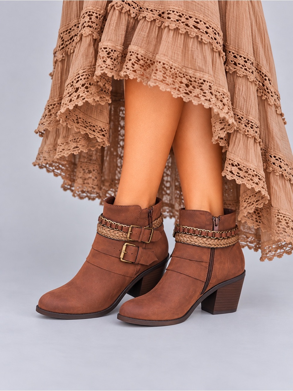 Ladies Sugar Brown Vangel Braided Chain Buckle Ankle Booties